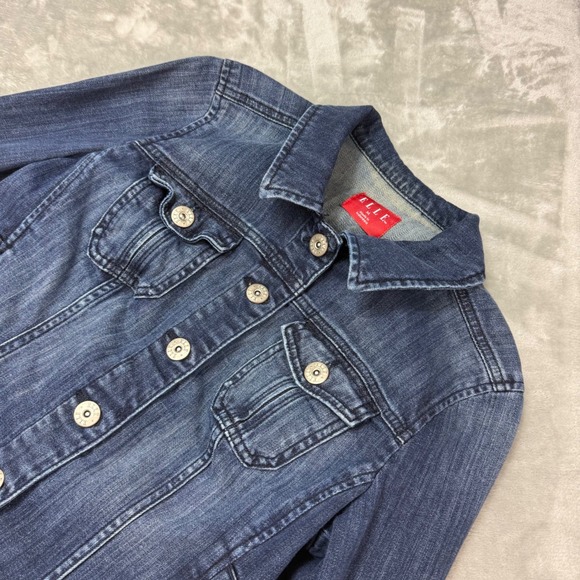 ELLE Denim Jacket Womens Medium Blue Jean Button Up Cotton Spandex Classic - Picture 1 of 9